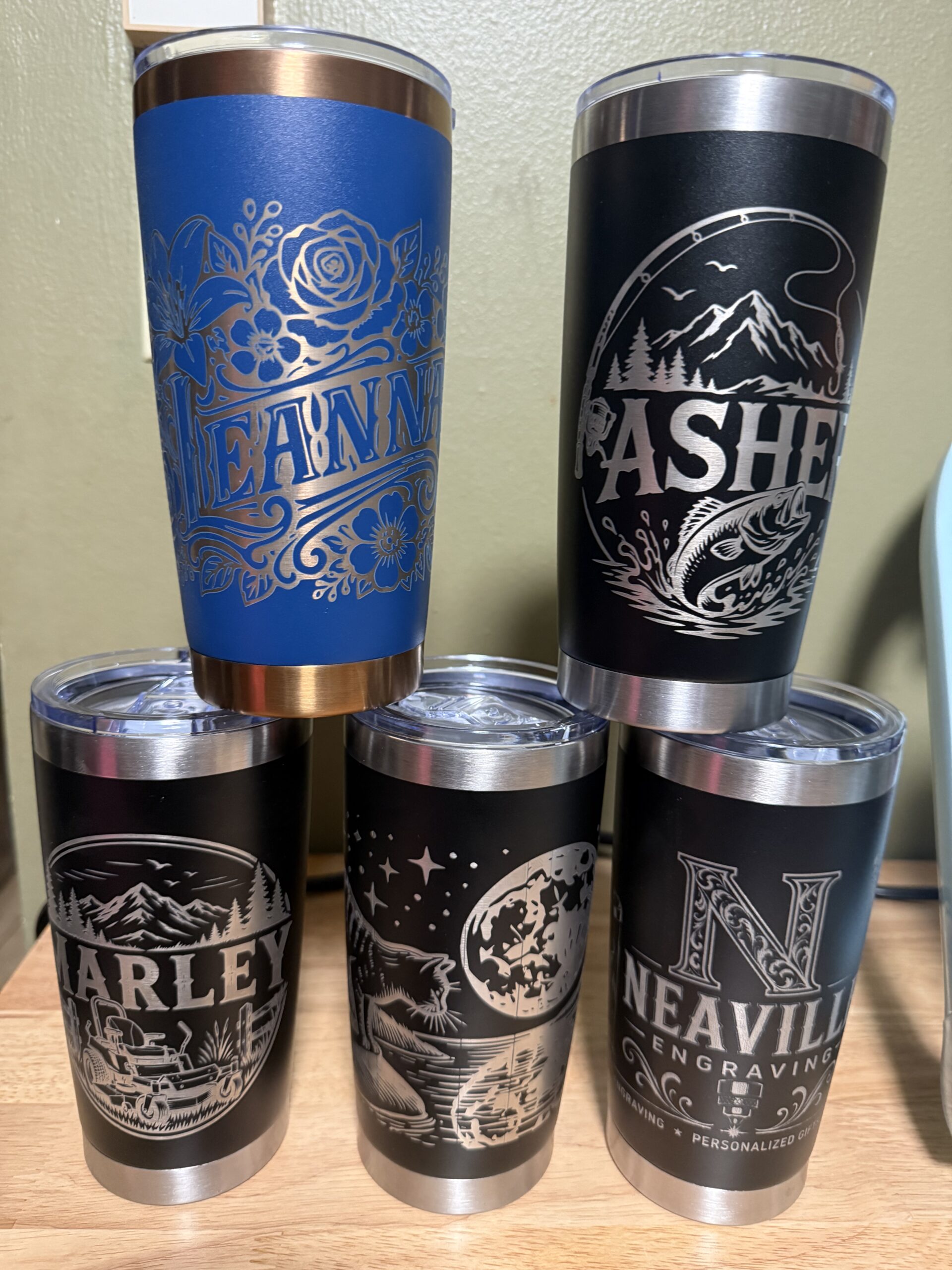 Personalized engraved tumblers made by Neaville Engraving